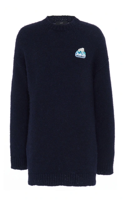 Alanui Global Warming Embroidered Polar Bear Tunic Sweater In Navy