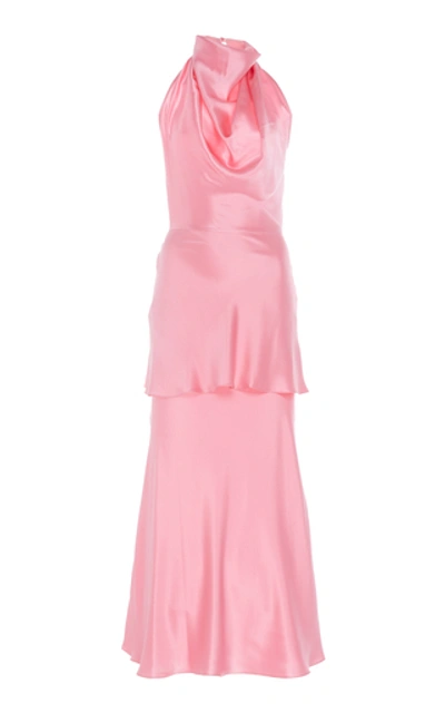 Rowen Rose Halter Art Deco Tiered Silk Dress In Pink