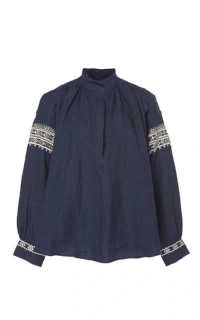 Alix Of Bohemia One Of A Kind Kiki Ikat-embroidered Linen Tunic In Navy