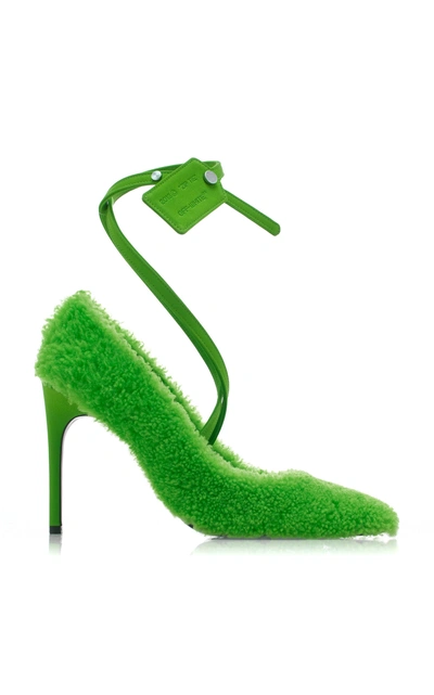 Off-white Shaggy Ziptie Shearling Pumps In Green