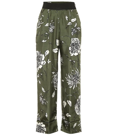 Moncler Floral Silk Wide-leg Pants In Olive