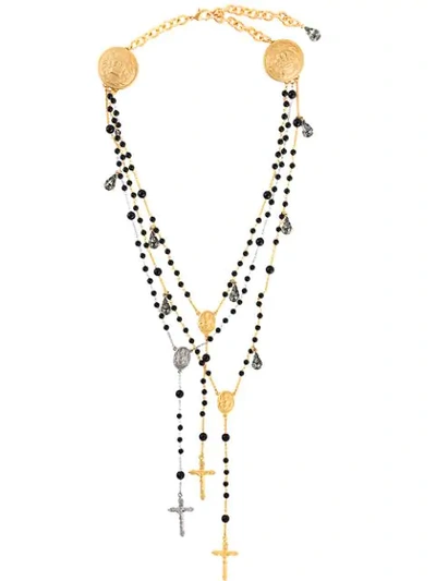 Dolce & Gabbana 3-layer Beaded Cross Necklace In Black