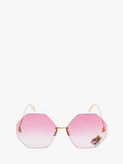 Alexander Mcqueen Jeweled Beetle Hexagonal Sunglasses In Pink