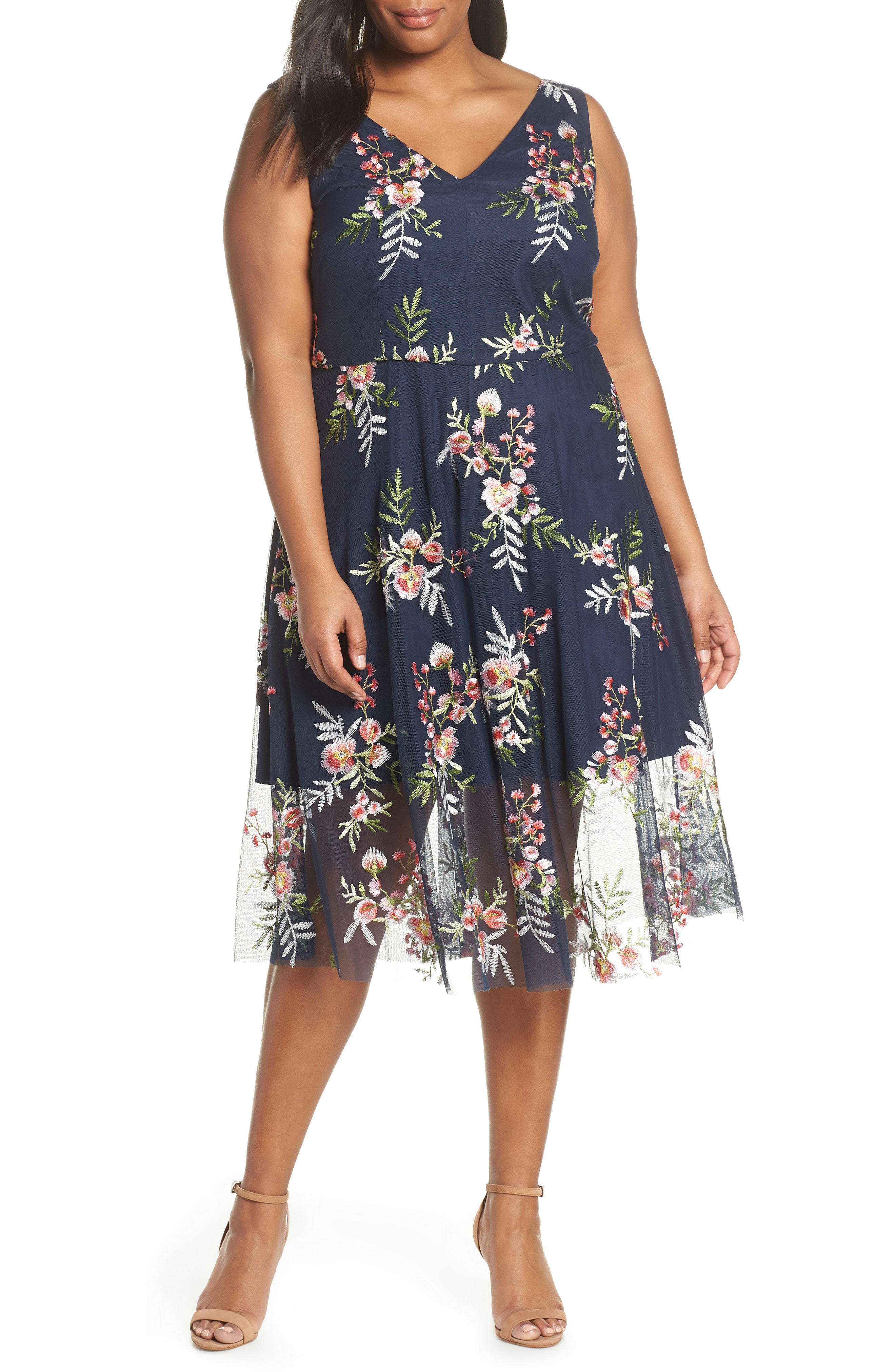 vince camuto floral embroidered mesh midi dress