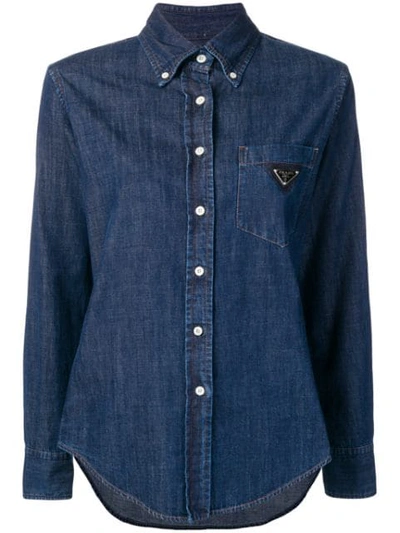 Prada Logo-plaque Cotton-chambray Shirt In Blue Denim