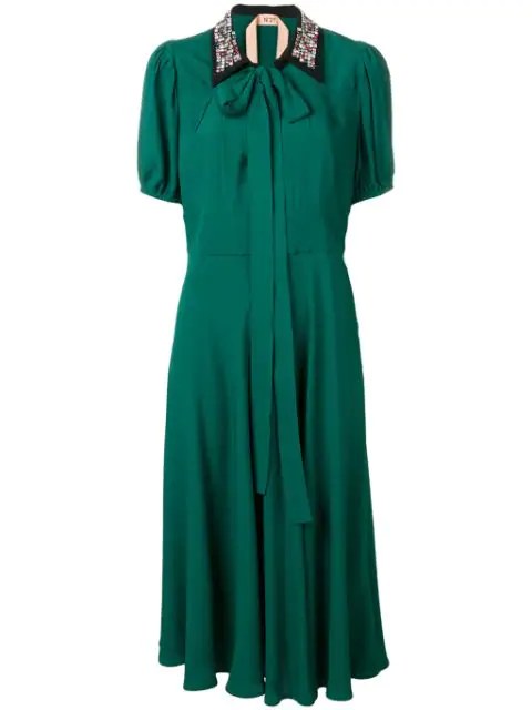 N°21 Midi Dress With Jeweled Collar In Green | ModeSens