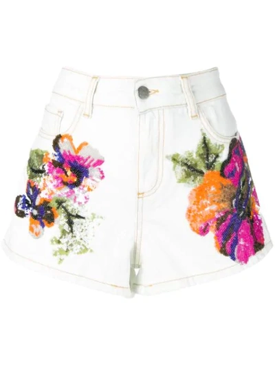 Amen Floral Print Short Denim Shorts In Neutrals