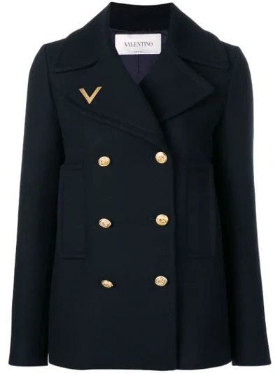 Valentino Embellished Double-breasted Wool Peacoat In Dark Blue
