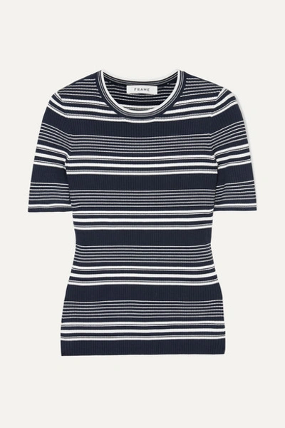 Frame Panel-stripe Ribbed Crewneck Tee In Navy