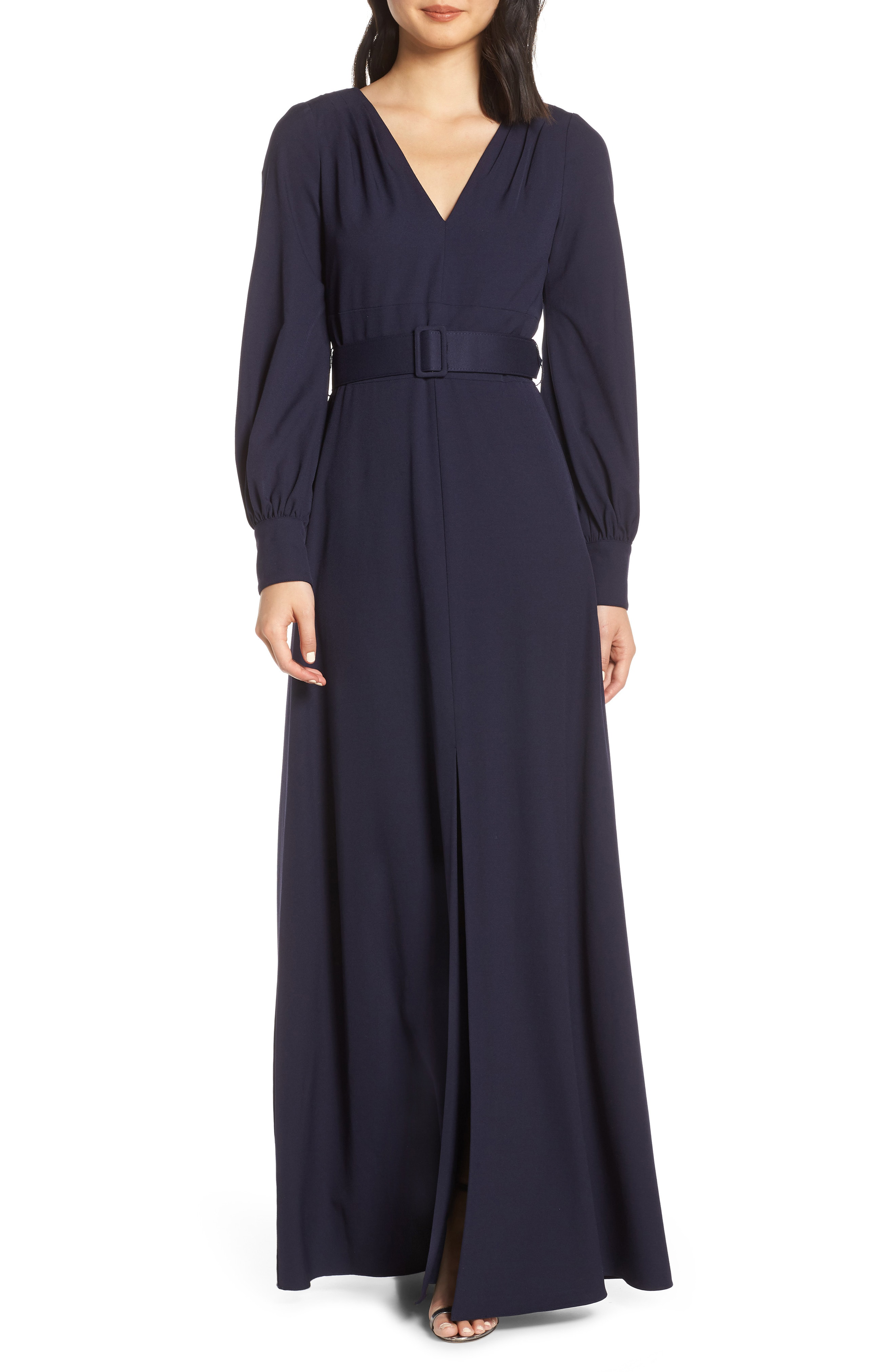 Eliza J Long Sleeve Belted Gown In Navy | ModeSens