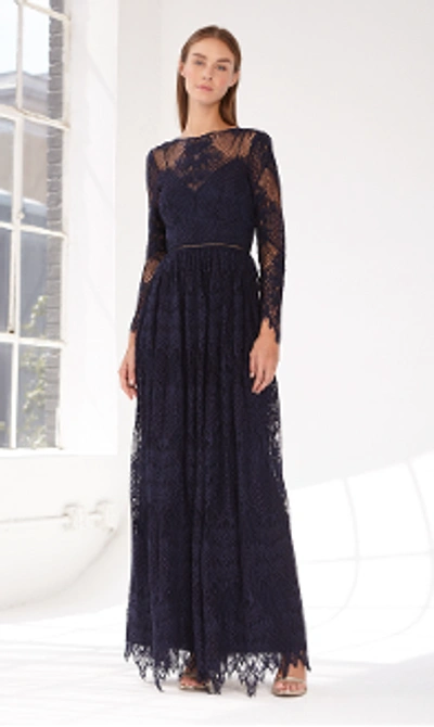 ml Monique Lhuillier Long Sleeve Floral Lace Gown In Navy