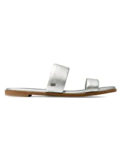 Cole Haan Findra Metallic Leather Double-strap Flat Sandals In Silver