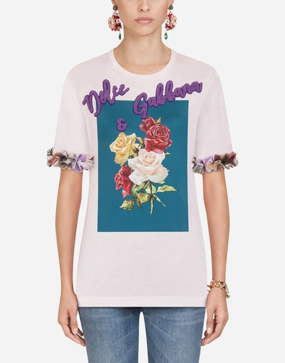 Dolce & Gabbana Rose-print Cotton T-shirt With Logo In Pink