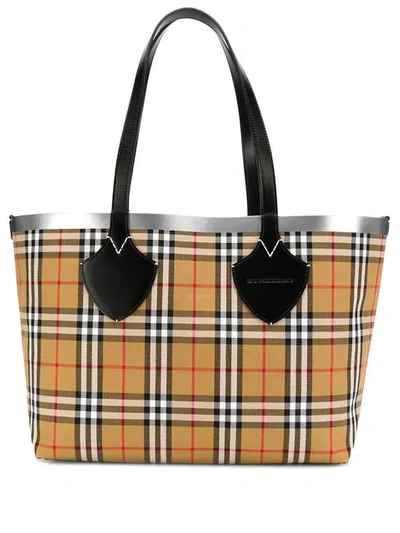 Burberry Multicoloured Giant Reversible Vintage Check Tote In Black/silver