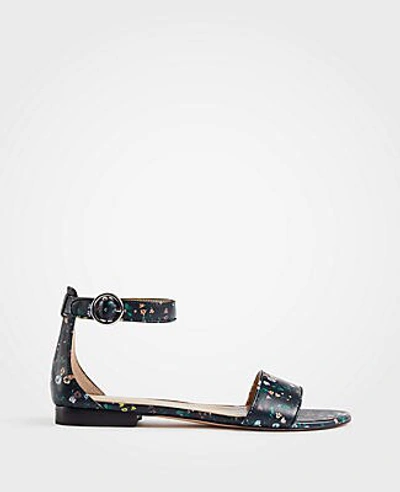 Ann Taylor Aislyn Floral Flat Leather Sandals In Black