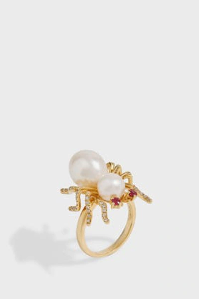 Yvonne Léon Diamond, Ruby And Pearl 18k Yellow Gold Bug Ring In Y Gold