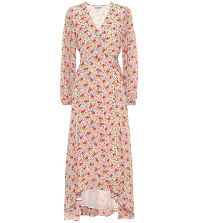 Ganni Floral Georgette Wrap Dress In Pink