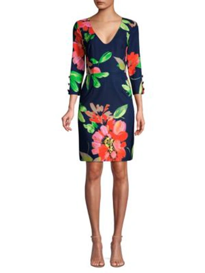 Trina Turk Picturesque Keepsake Floral Smoothie-print V-neck 3/4-sleeve Dress In Multi