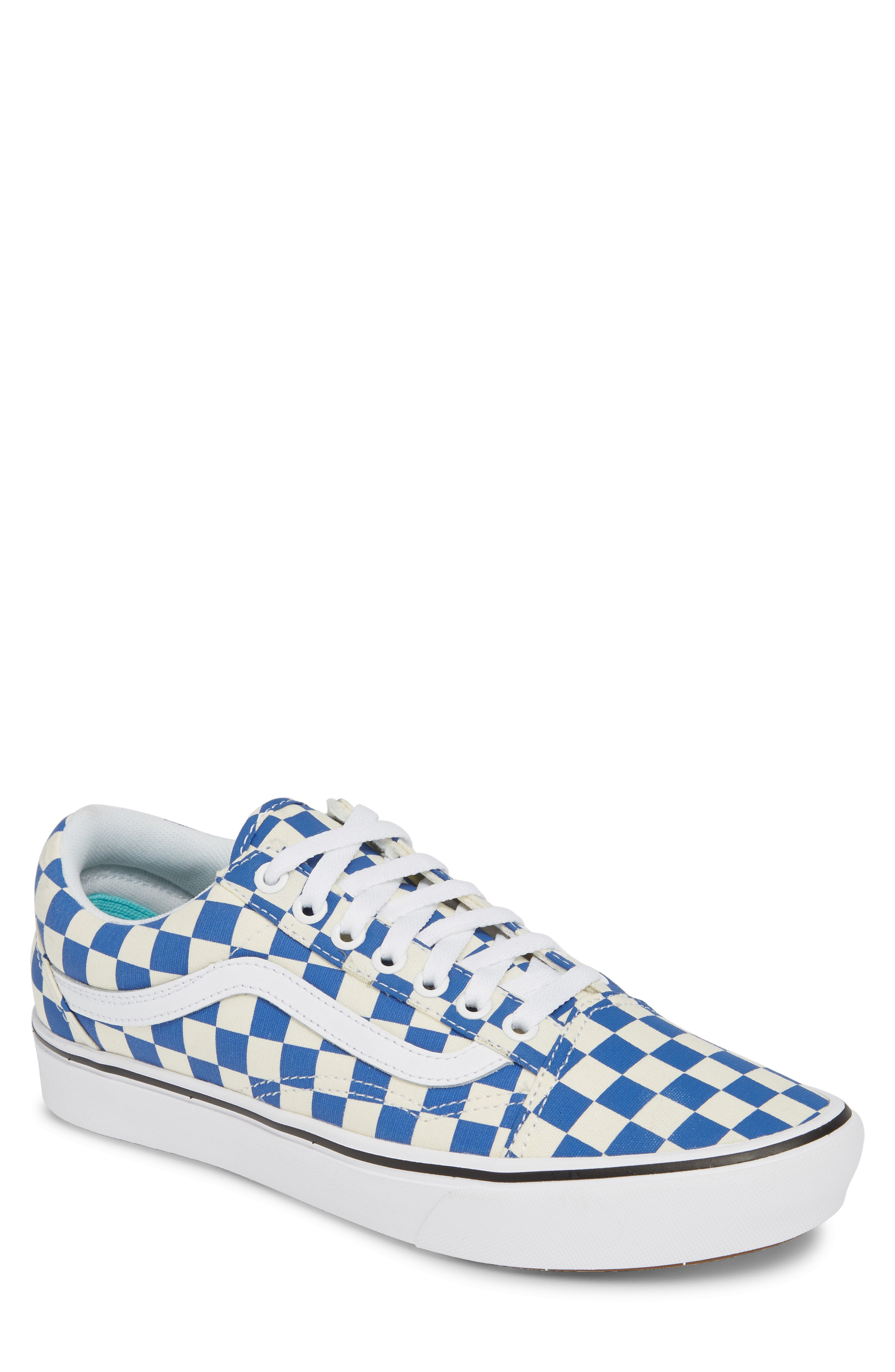 checkerboard vans blue and white