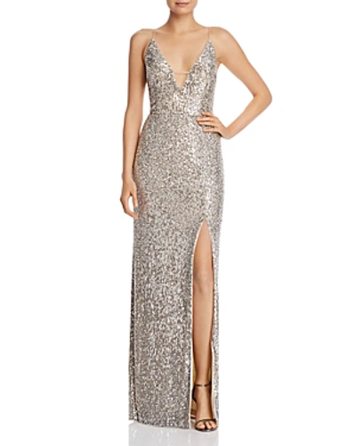 Aidan Mattox Aidan By  Sequined Column Gown In Champagne/silver