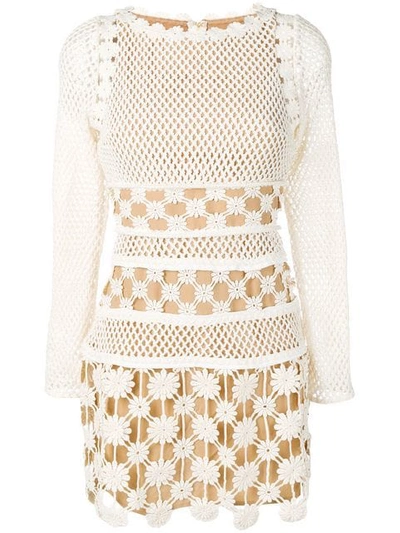 Self-portrait Long Sleeve 3d Floral Crochet Lace Minidress In Ecru |  ModeSens