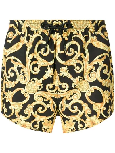 Versace Hibiscus Baroque Swim Shorts In Black,gold