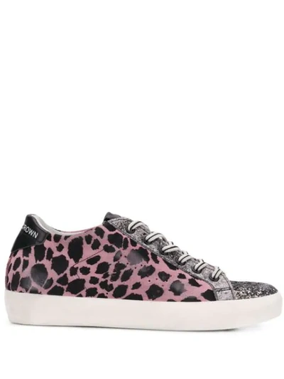 Leather Crown Leopard Print Glitter Sneakers In Pink