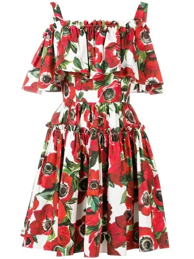 Dolce & Gabbana Floral Ruffle Dress In Red