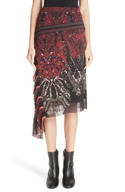 Fuzzi Feather-print Asymmetric Skirt W/ Fringe In Rosso