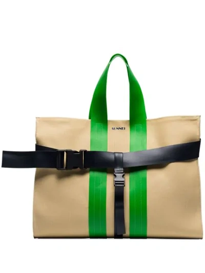 Sunnei Green And Sand Contrasting Buckle Strap Messenger Bag In Neutrals