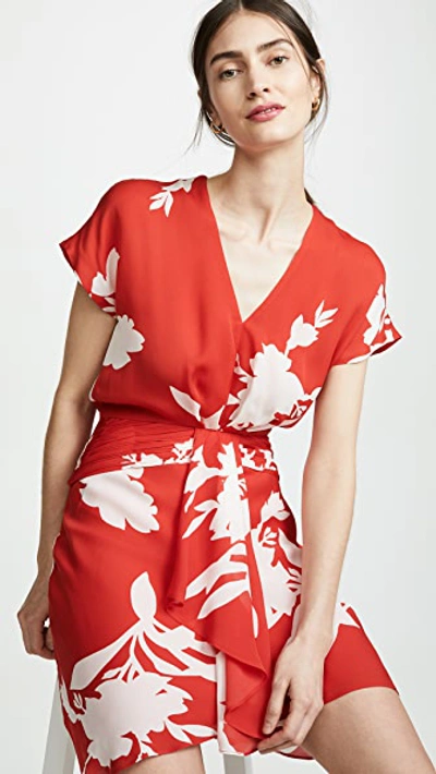Joie Ashleena V-neck Short-sleeve Dress W/ Draped Ruffle In Tropic Red