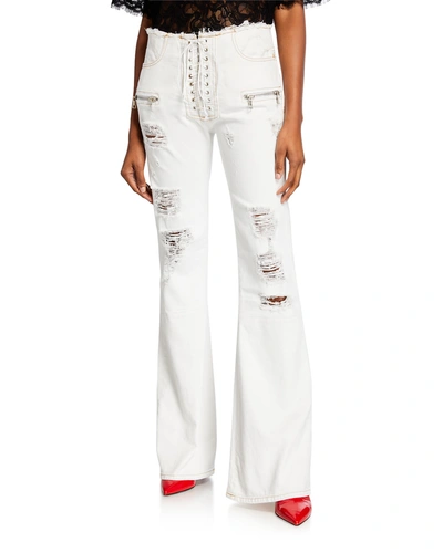 Ben Taverniti Unravel Project Lace-up Washout Flare-leg Jeans In White