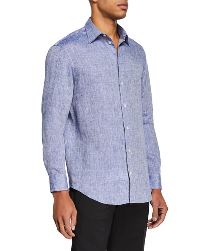 Armani Collezioni Emporio Armani Long-sleeve Flax Regular Fit Sports Shirt In Blue
