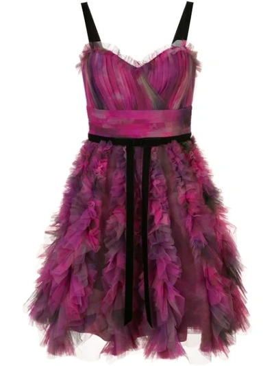 Marchesa Notte Sleeveless Printed Textured Tulle Cocktail Dress In Purple