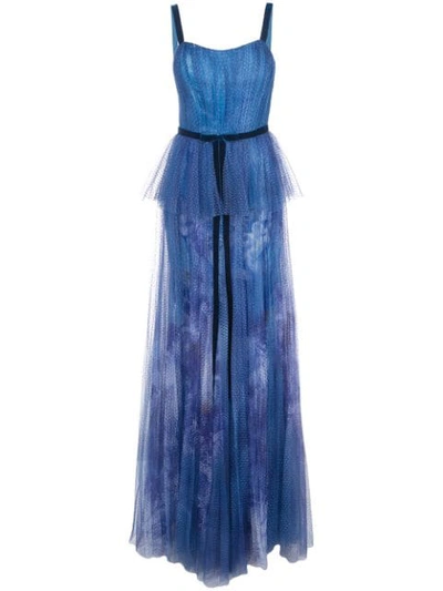 Marchesa Notte Printed Sequin Pleated Tulle Gown In Blue