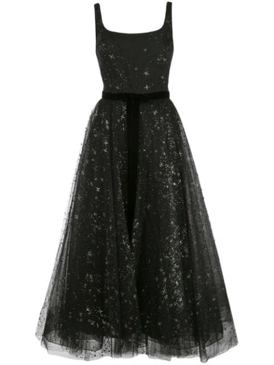 Marchesa Notte Sleeveless Glitter Tulle Midi-tea Dress In Black