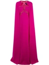 Marchesa Notte Beaded Applique Cape-effect Crepe Gown In Fuchsia