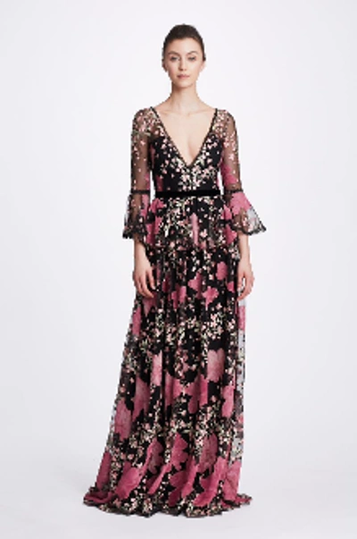 Marchesa Notte Fall-winter 2019 Bell Sleeve Embroidered Gown In