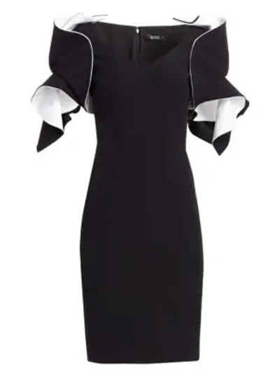 Badgley Mischka Origami-sleeve Crepe Two-tone Dress In Black White