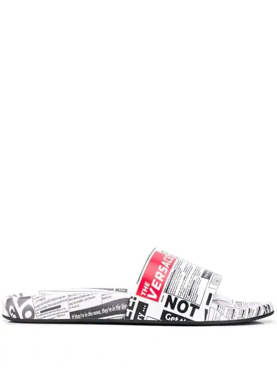 Versace Men's Tabloid Print Slide Sandals In White