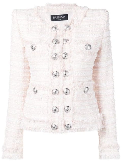Balmain Button-embellished Fringed Tweed Blazer In Pink