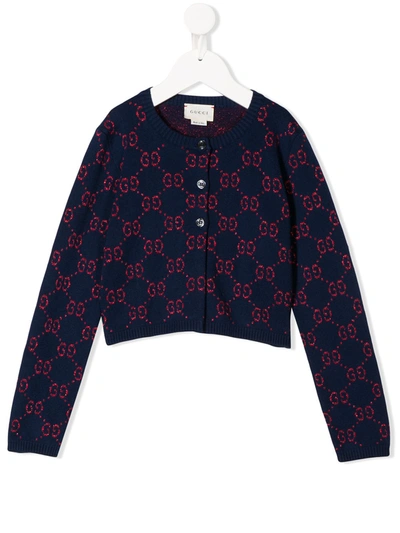 Gucci Kids' Cropped Logo Jacquard Knit Cardigan In Blue