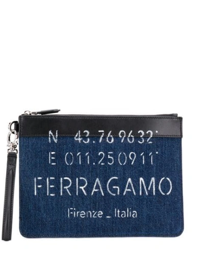 Ferragamo Logo Print Clutch Bag In Blue