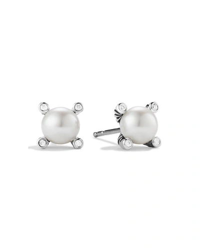 David Yurman Small Pearl Earrings With Diamonds In Silver Gold