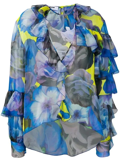 Msgm Floral Ruffled Blouse In Blue