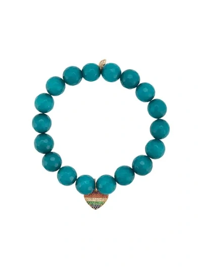 Sydney Evan 14kt Gold, Sapphire And Tsavorite Heart Charm Jade Beaded Bracelet In Blue