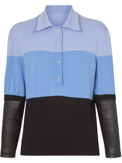 Burberry Long-sleeve Lambskin Detail Wool Polo Shirt In Blue