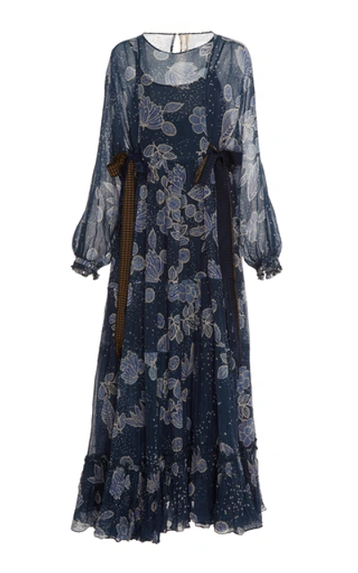 Péro Floral-printed Cotton-silk Maxi Dress In Blue