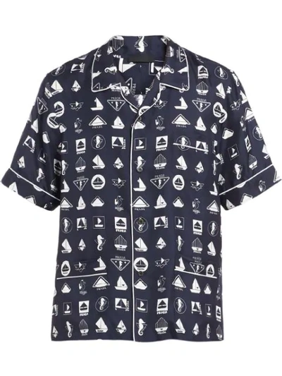 Prada Logo Printed Pyjama Shirt In Blue