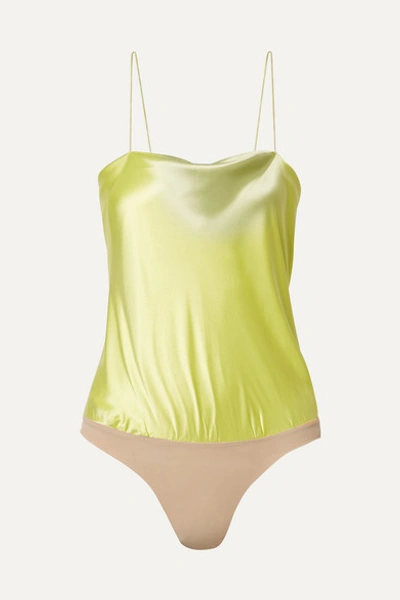 Alix Dean Silk-charmeuse And Stretch-jersey Thong Bodysuit In Chartreuse